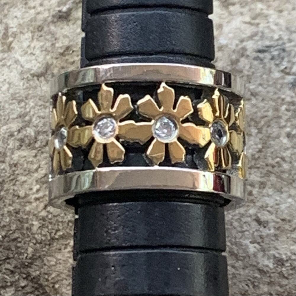 Stainless Steel Two Tone Ring Size 4.75 with Flower and CZ
